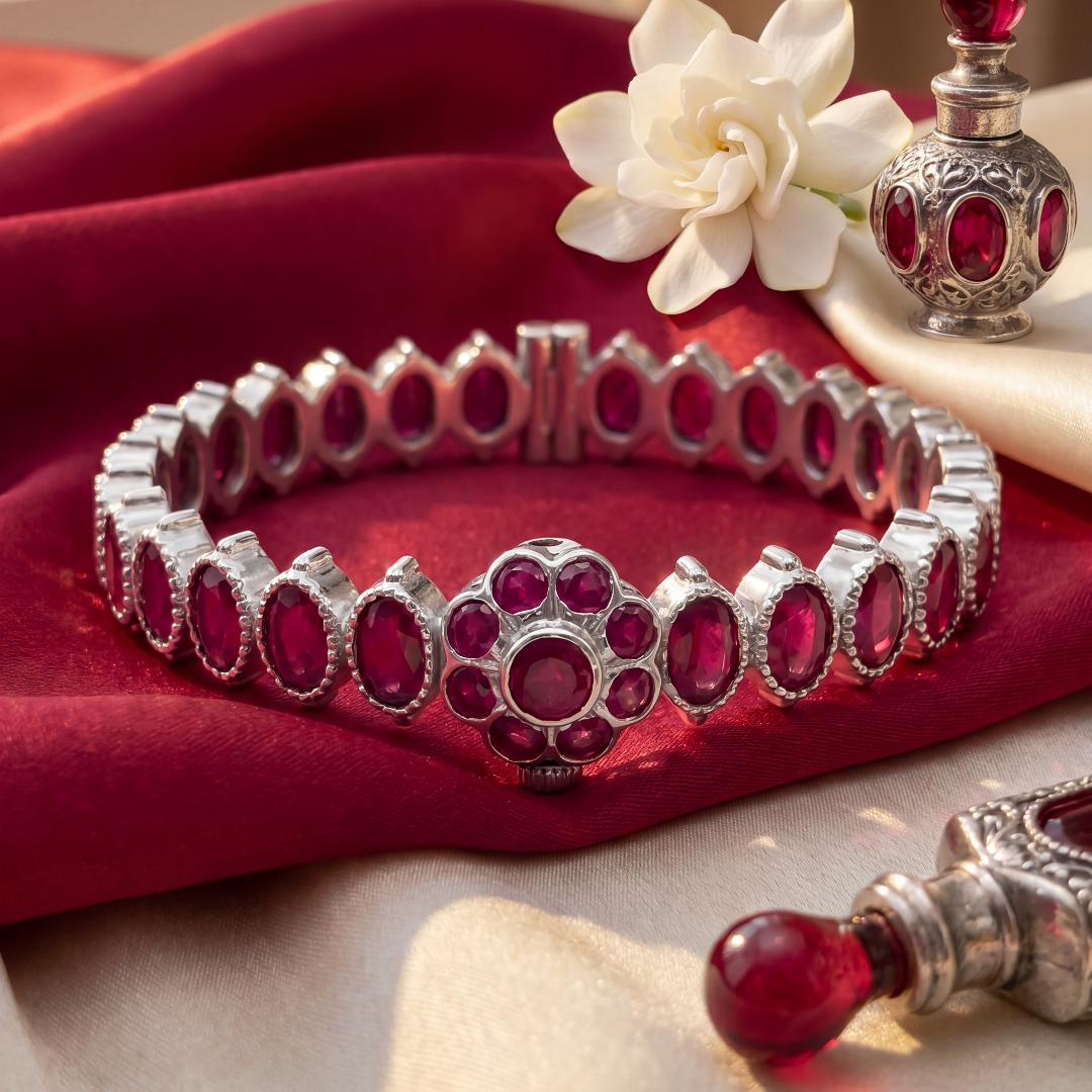 Ruby Tuesday — Oval Ruby Floral Bangle in Oxidised Silver