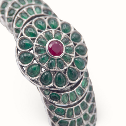 Full Bloom — Hyderabadi Panna Kada in Oxidised Silver