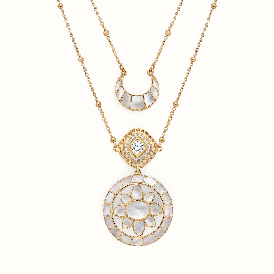 Full Moon Moment — Lotus Mandala & Crescent Layered Necklace in Gold Plated Silver