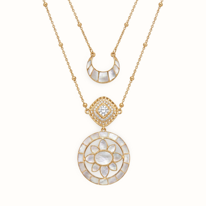Full Moon Moment — Lotus Mandala & Crescent Layered Necklace in Gold Plated Silver