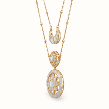 Full Moon Moment — Lotus Mandala & Crescent Layered Necklace in Gold Plated Silver