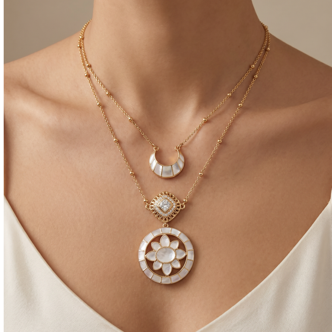 Full Moon Moment — Lotus Mandala & Crescent Layered Necklace in Gold Plated Silver