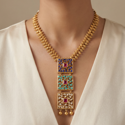 Triple Threat — Jali Kundan Necklace in Gold Plated Silver