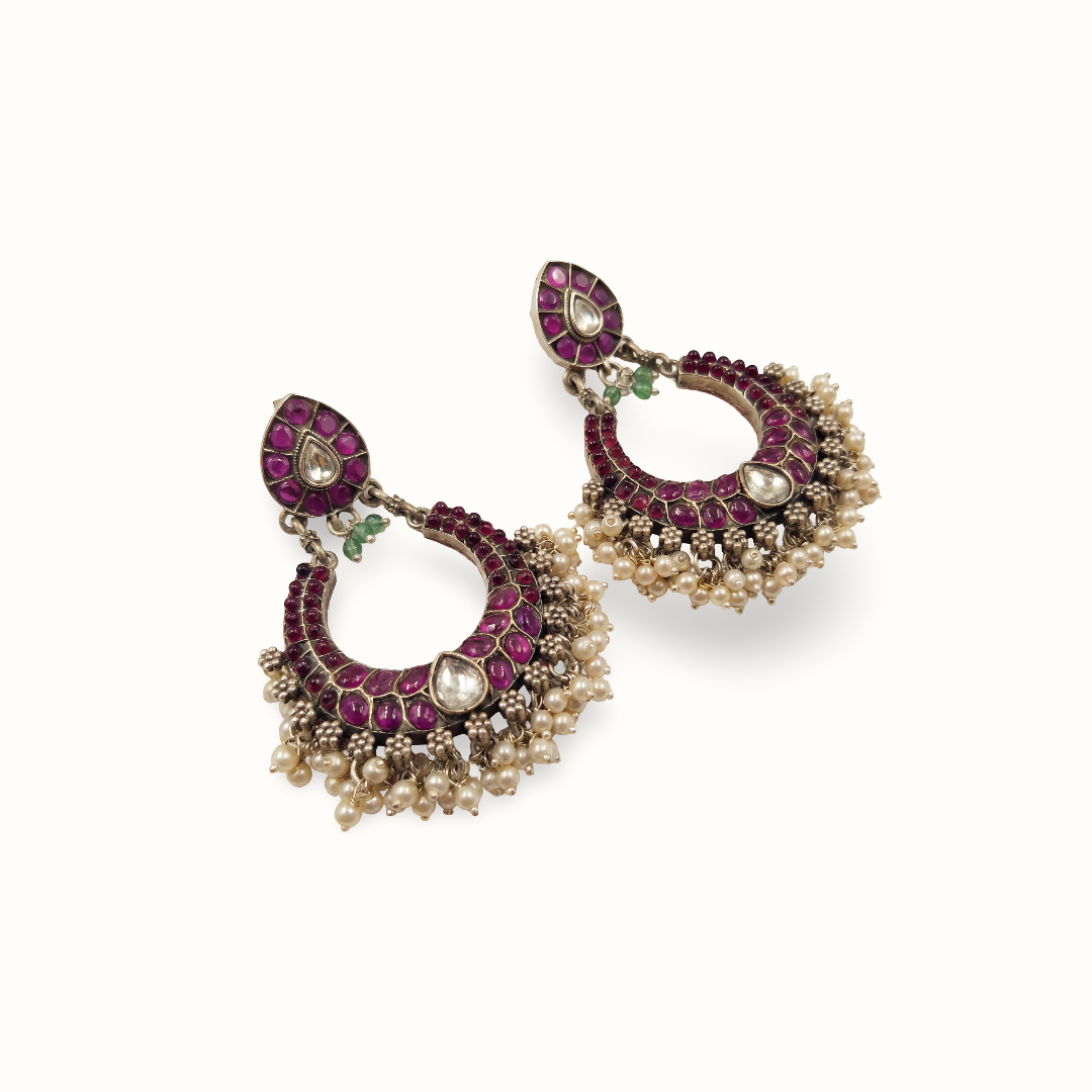 Full Bloom — Kundan Ruby Chandbali in Oxidised Silver