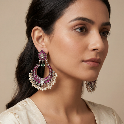 Full Bloom — Kundan Ruby Chandbali in Oxidised Silver
