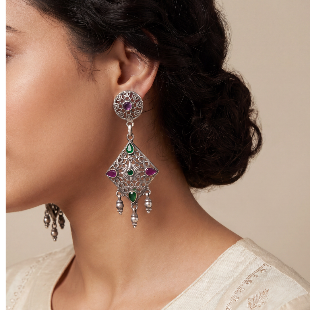 Kite Flight — Jali Kite Dangle Earrings in Oxidised Silver