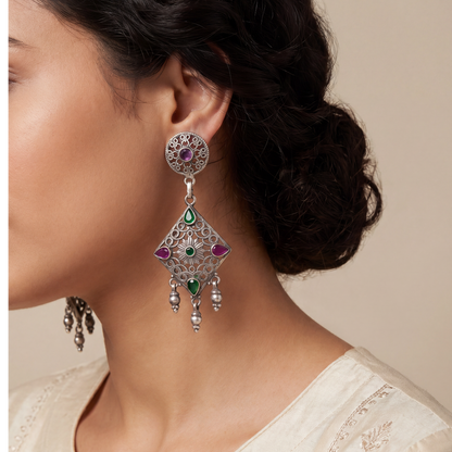 Kite Flight — Jali Kite Dangle Earrings in Oxidised Silver