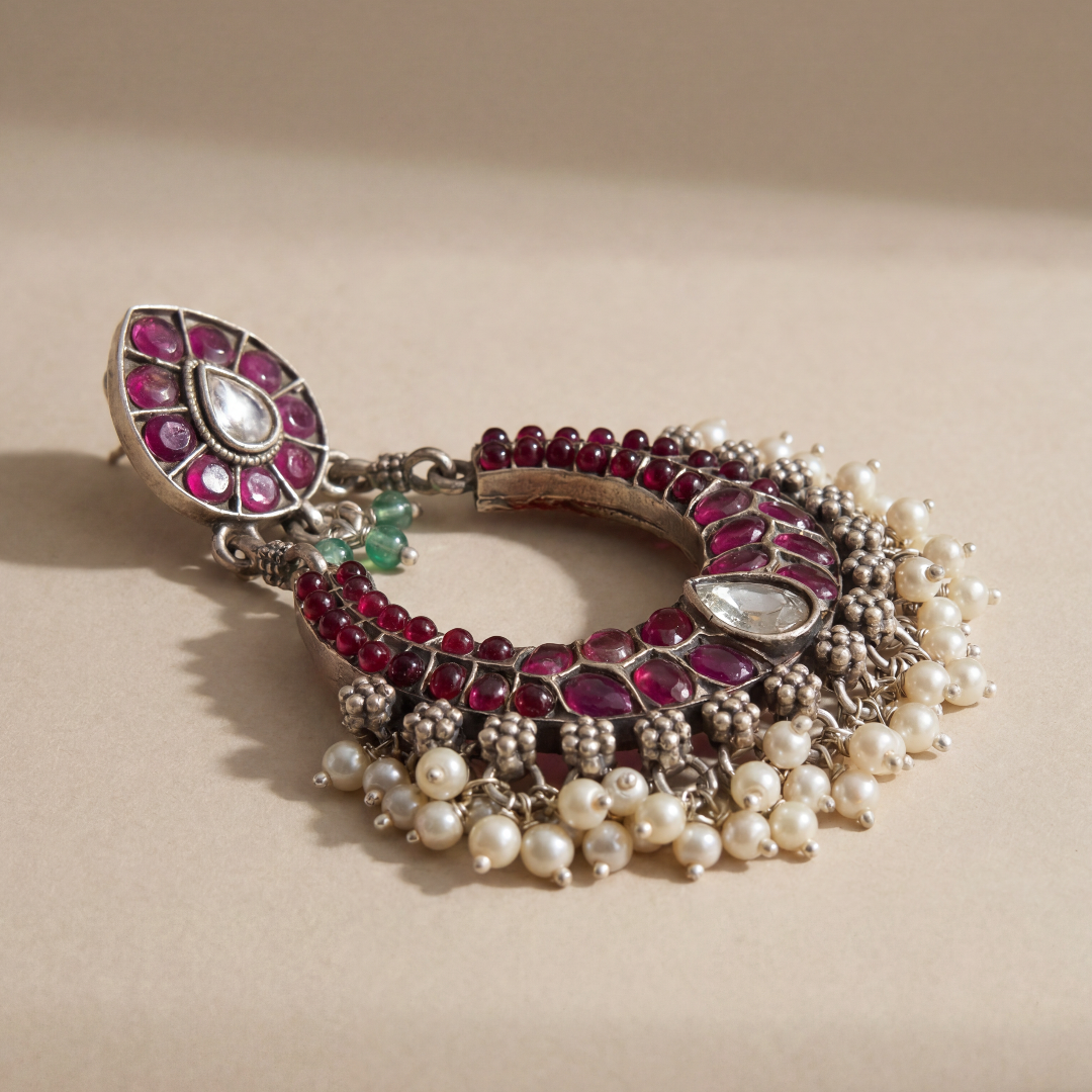 Full Bloom — Kundan Ruby Chandbali in Oxidised Silver