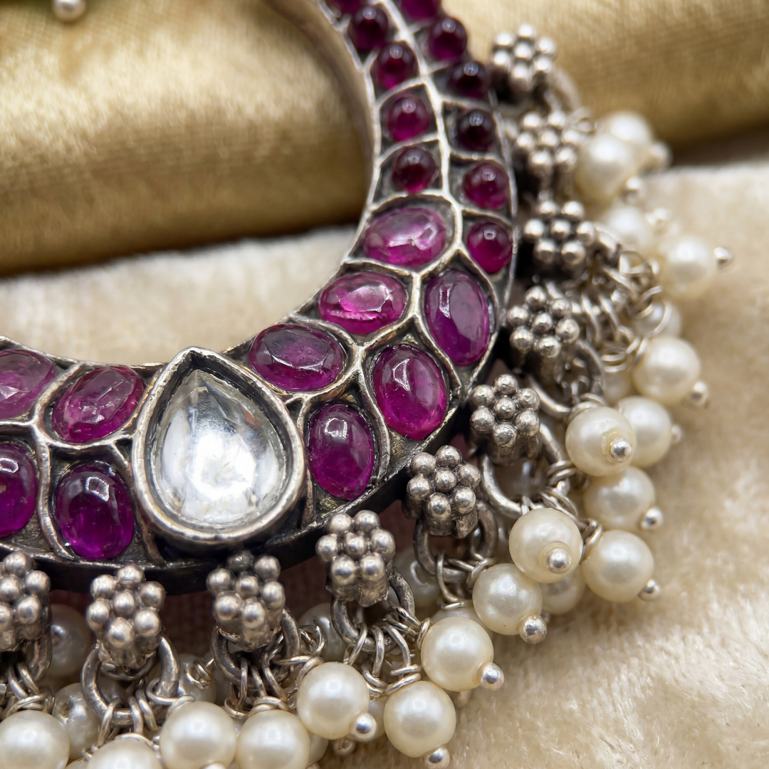 Full Bloom — Kundan Ruby Chandbali in Oxidised Silver
